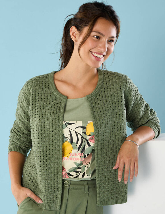 Gilet paletot maille fantaisie,  Spécial Petites (vert tilleul) Gilet paletot maille fantaisie,  Spécial Petites (vert tilleul)